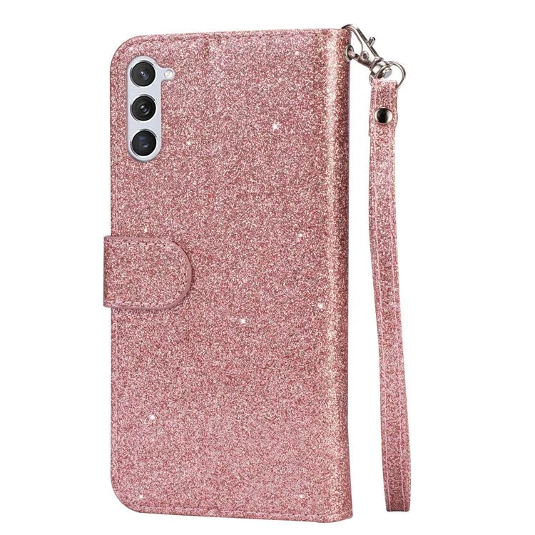 For Samsung Galaxy S24 Case Glittery Phone Wallet Cover with Zipper Pocket Gold
