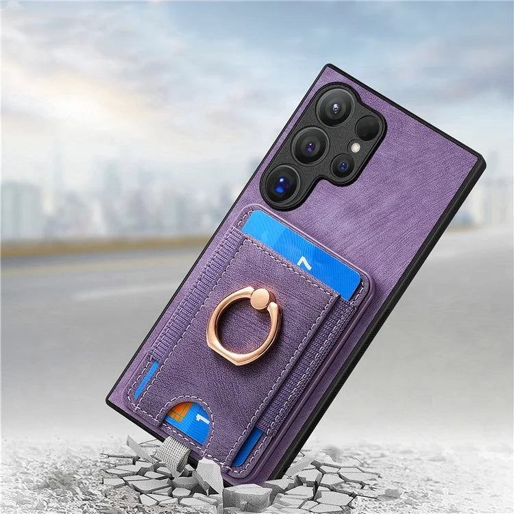 D7 For Samsung Galaxy S24 Ultra Case Ring Kickstand Phone Cover with Detachable Card Bag