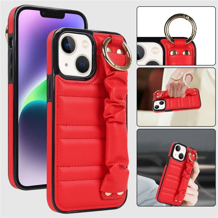 For iPhone 13 Scratch Proof Cell Phone Case Pleated Wristband PU Leather+TPU Cover