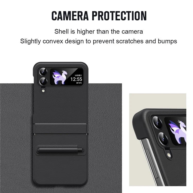 For Samsung Galaxy Z Flip3 5G / Z Flip4 5G Case Leather Hinge Protection Cover with Tempered Glass Film and Stylus