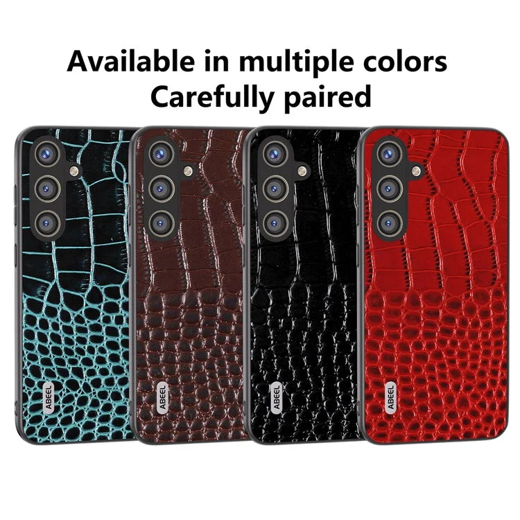 ABEEL For Samsung Galaxy S24+ Crocodile Texture Series Case Genuine Cow Leather Phone Back Cover Blue