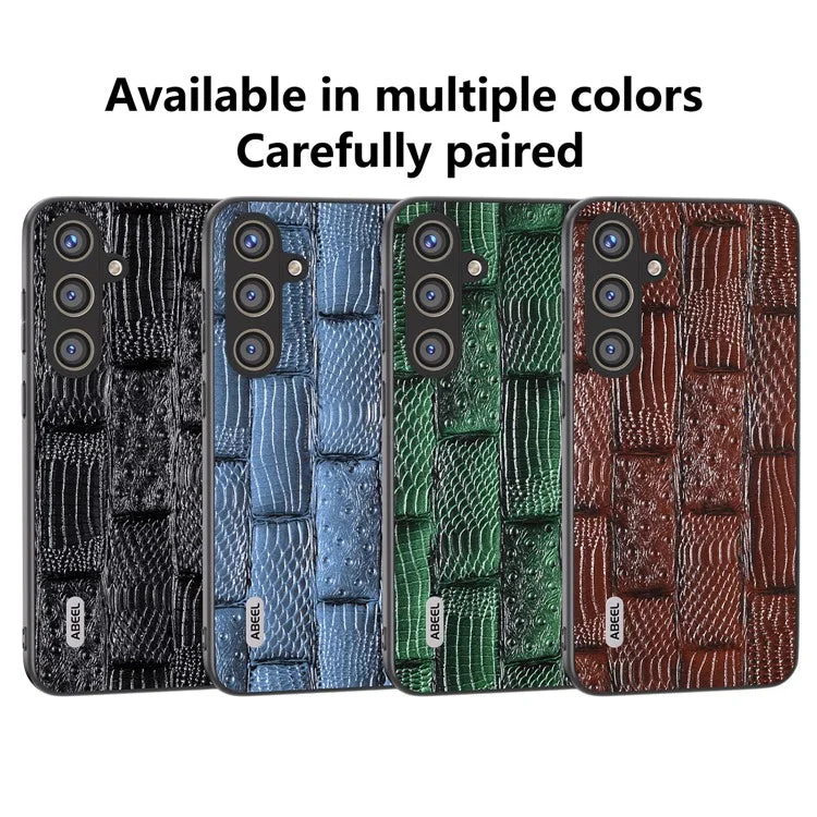 ABEEL For Samsung Galaxy S24 Mahjong Texture Case Shock-Absorbing Genuine Cow Leather Cover