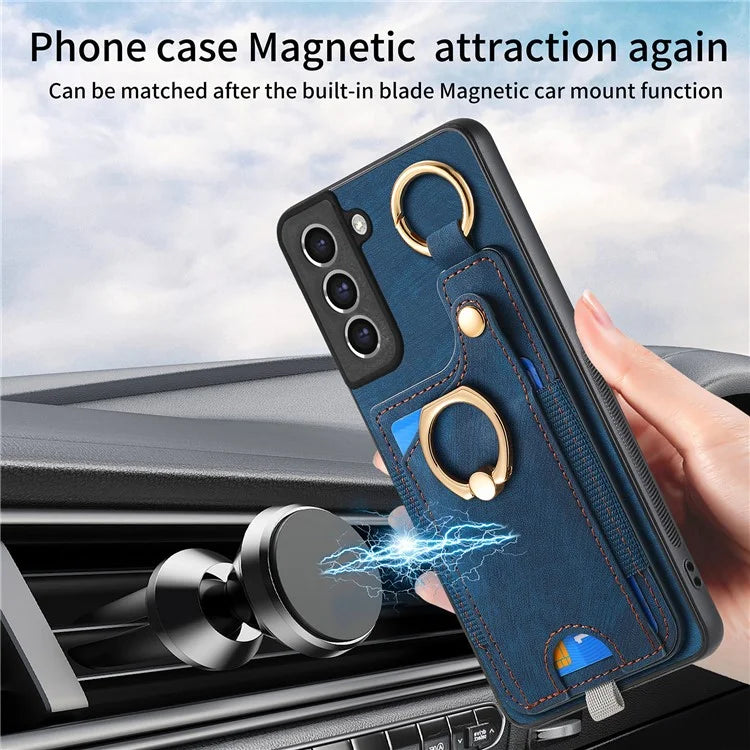 For Samsung Galaxy S21 FE 5G Ring Kickstand Case with Card Slot Leather TPU Back Cover