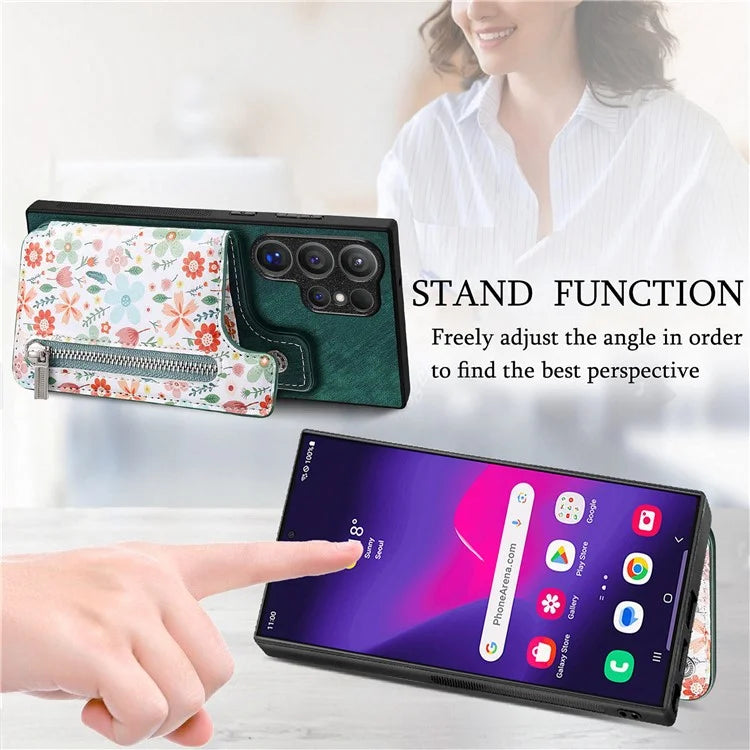D10 For Samsung Galaxy S24 Ultra Cell Phone Case Pattern Printed Card Bag TPU+Leather Back Cover
