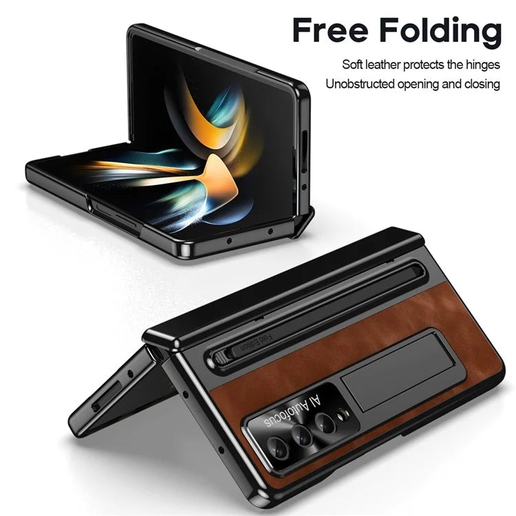 For Samsung Galaxy Z Fold4 5G Retro Phone Case Kickstand Cover with Tempered Glass Film and Stylus Pen