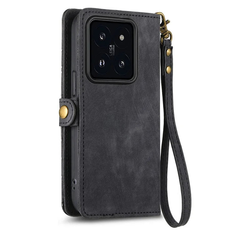 For Xiaomi 14 Case Geometry Imprinted Leather Wallet Stand Mobile Phone Cover with Zipper Pocket