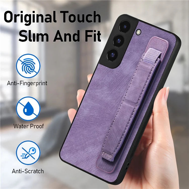 D11 For Samsung Galaxy S22 5G Leather Case Vintage Wristband Kickstand Phone Guard Cover