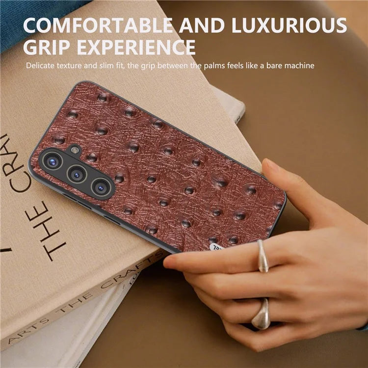 ABEEL For Samsung Galaxy S24+ Genuine Cow Leather Case Anti-slip Ostrich Pattern Phone Cover