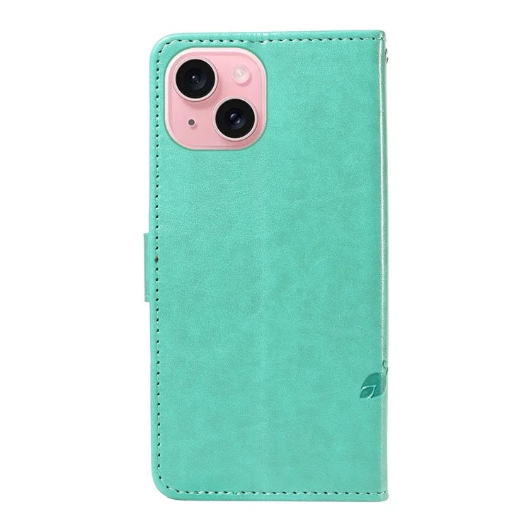 Leather Case for iPhone 15 Flower Blossom Pattern Phone Cover Wrist Strap Card Slots Holder