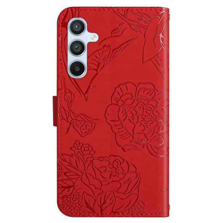 HT03 For Samsung Galaxy A35 5G PU Leather Case Butterfly Flower Phone Cover with Hand Strap