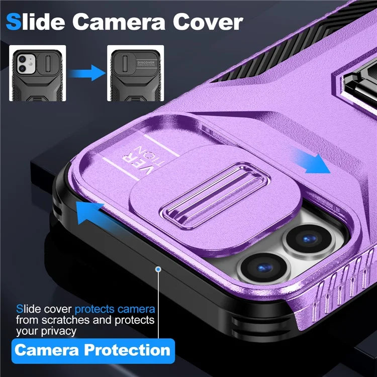 Anti-fall Phone Case for iPhone 12 6.1 inch / 12 Pro 6.1 inch Shell Rotate Kickstand Slide Lens Window Cover