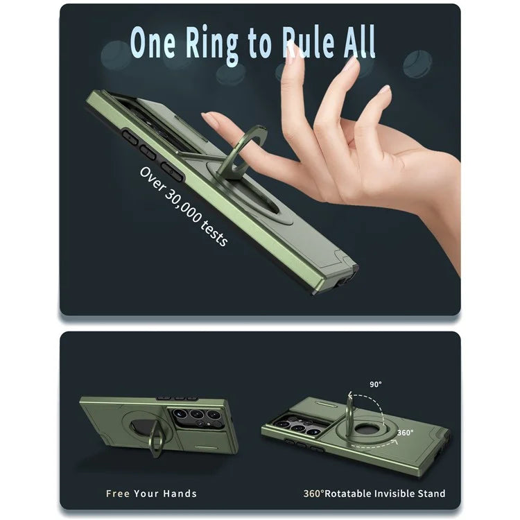 For Samsung Galaxy S22 Ultra 5G Magnetic Case Slide Lens Window N52 Magnet+PC+TPU Phone Coverish Green