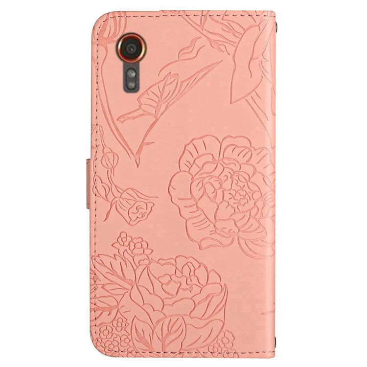 HT03 For Samsung Galaxy Xcover 7 Leather Case with Hand Strap Butterfly Flower Pattern