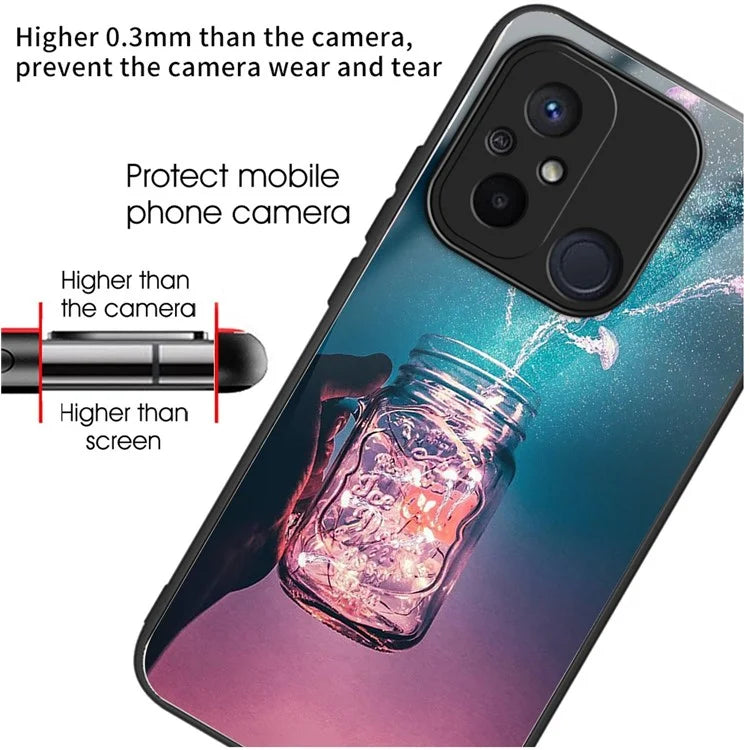 Phone Case for Xiaomi Redmi 12C 4G Resistant TPU+Tempered Glass Cover Pattern Design