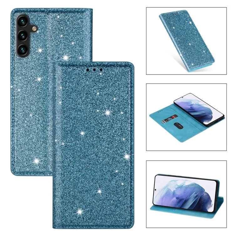 For Samsung Galaxy A55 5G Cell Phone Case Glitter PU Leather Stand Card Slots Cover