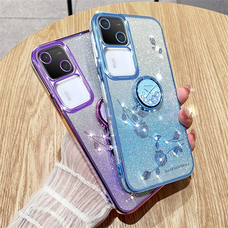 KADEM For vivo S18 5G Cell Phone Case Rhinestone Decor Flower TPU Back Cover with Ring Kickstand