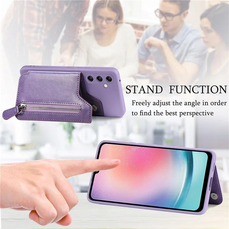 For Samsung Galaxy A24 4G (162.1 x 77.6 x 8.3mm) Zipper Pocket Kickstand Cover Snap Closure Phone Case