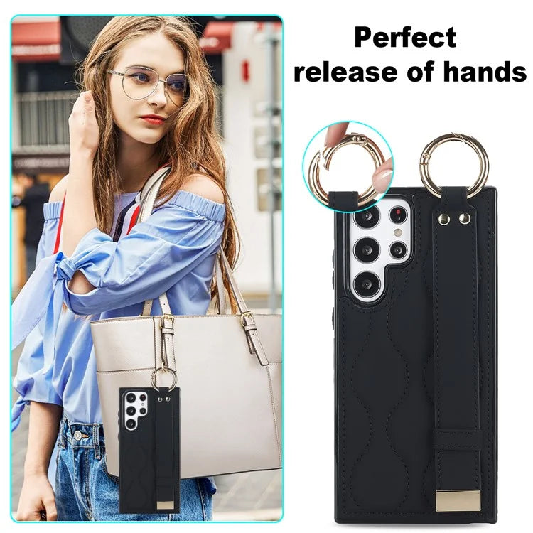 For Samsung Galaxy S22 Ultra 5G Case PU Leather+TPU Wristband Kickstand Drop-proof Phone Cover