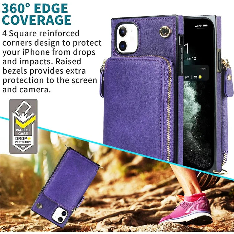 For iPhone 11 Cell Phone Case Bump Proof TPU+PU Cover with Long Strap