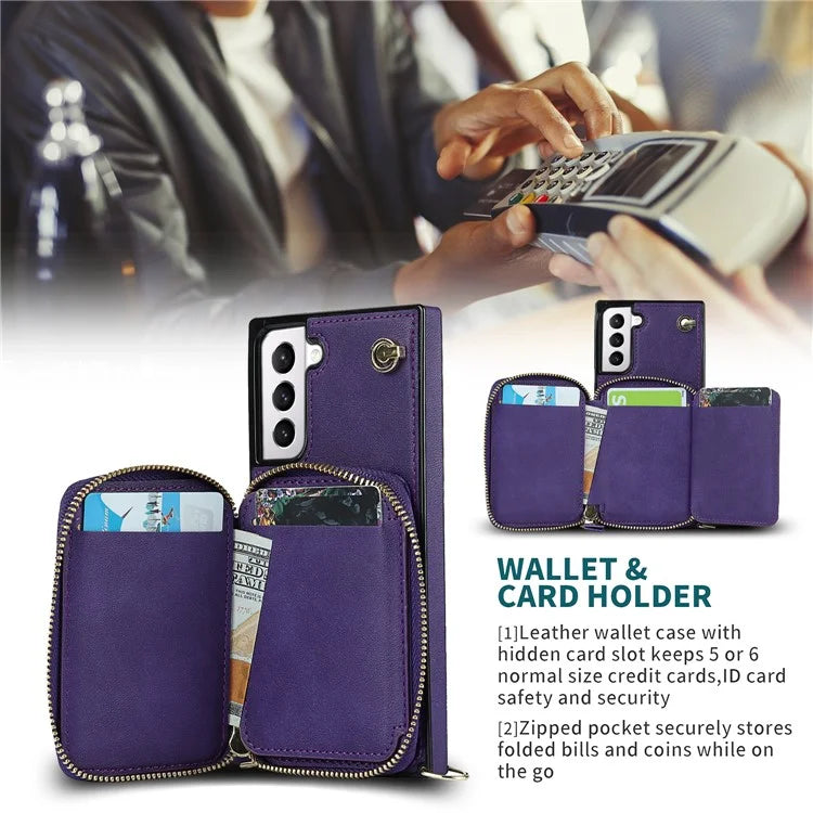 For Samsung Galaxy S21 4G / 5G Cell Phone Cases Zipper Wallet TPU+PU Cover with Long Strap
