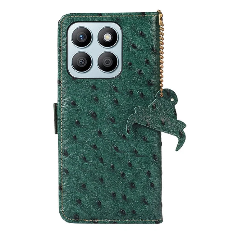 For Honor X8b 4G RFID Blocking Genuine Cow Leather Case Ostrich Texture
