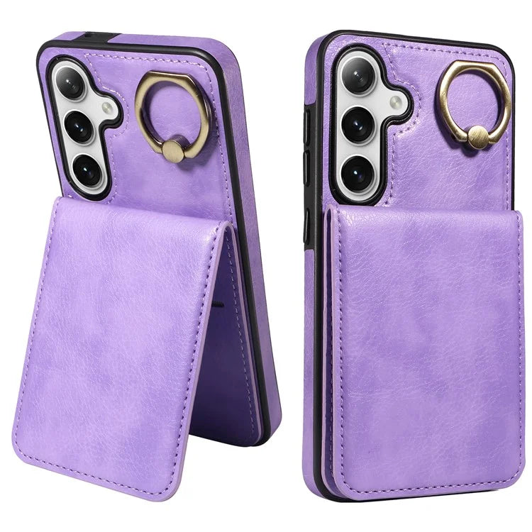 004 For Samsung Galaxy S24 Case Magnetic PU Leather+TPU Litchi Texture Phone Shell with Ring Holder