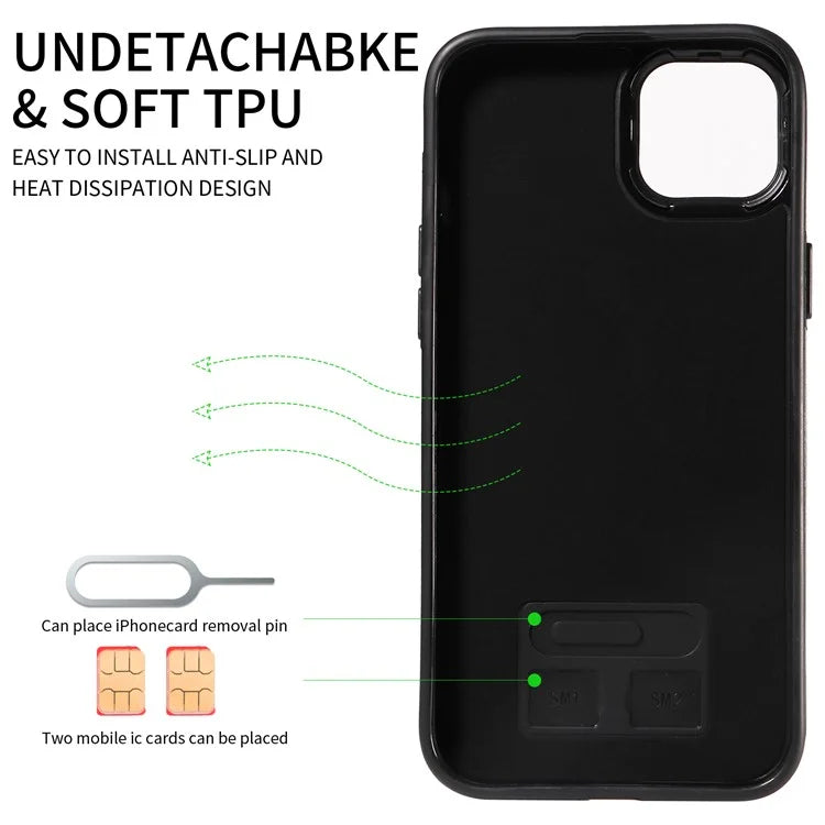 006 For iPhone 15 Plus Back Cover with Card Holder PU TPU Calf Texture Case Kickstand