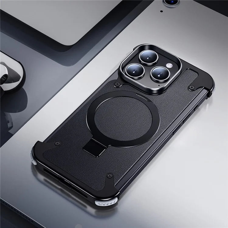 For iPhone 15 Pro Shockproof Case Compatible with MagSafe Aluminium Alloy Genuine Leather Cover