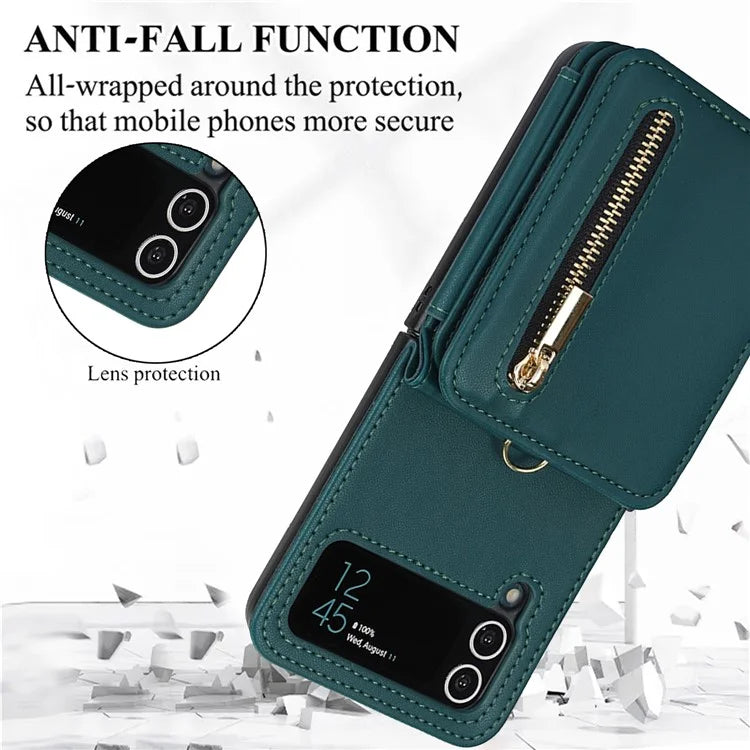 For Samsung Galaxy Z Flip3 5G Crossbody Phone Case PU Leather Coated PC Cover with Card Holderish Green
