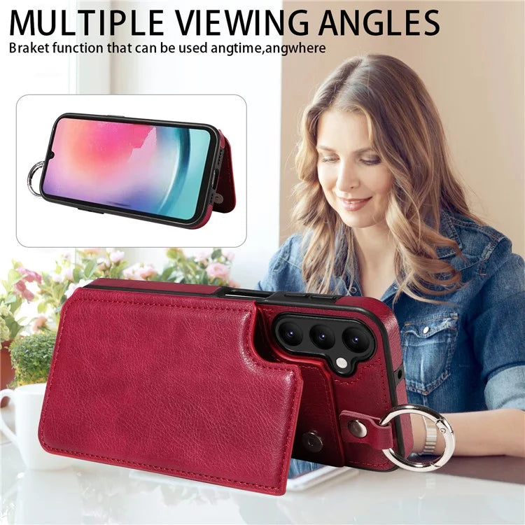 003 For Samsung Galaxy A25 5G (Global) (161.0 x 76.5 x 8.3mm) Case with Ring Holder Card Slots PU Leather Back Cover