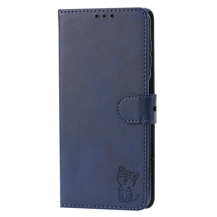 For Samsung Galaxy S24+ Leather Case Happy Cat Pattern Imprinted Phone Protector