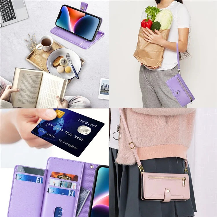For Samsung Galaxy A04e 4G / F04 4G / M04 4G Phone Case Anti-fall 6 Card Slots Cover with Crossbody Strap