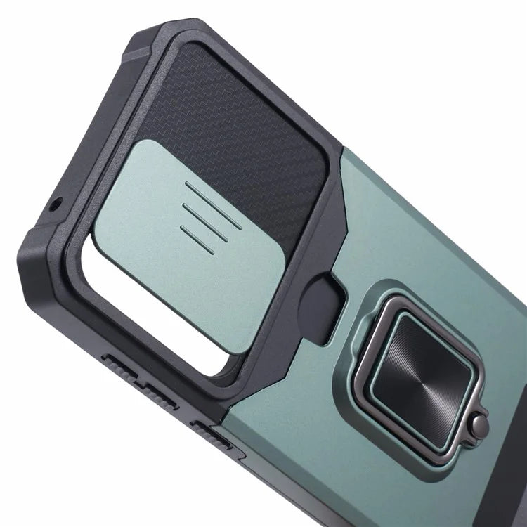 For Samsung Galaxy A55 5G Case PC+TPU Card Holder Phone Kickstand Cover with Slide Lens Lidish Green