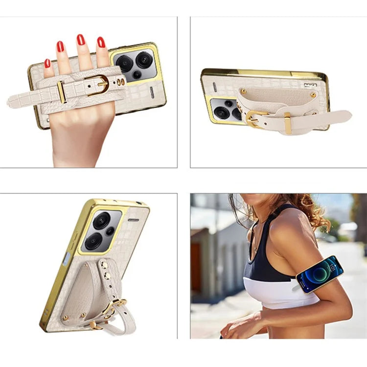 For Xiaomi Redmi Note 13 Pro+ 5G Cell Phone Case Electroplated Leather+TPU Wristband Kickstand Cover