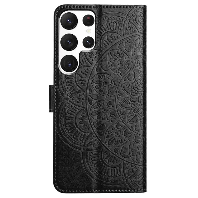 For Samsung Galaxy S22 Ultra 5G Wallet Case Flower Imprinted PU Leather Flip Phone Cover