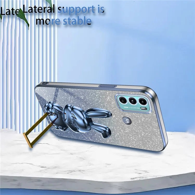 For Motorola Moto G60 Case Glitter PC+TPU Cartoon Rabbit Kickstand Back Shell