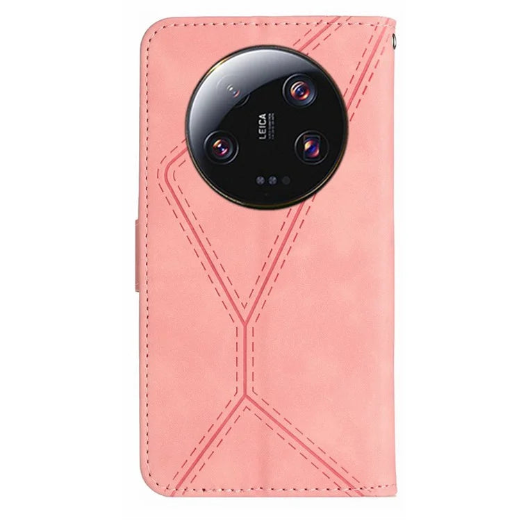 HT05 For Xiaomi 14 Ultra Wallet Case PU Leather Skin-touch Lines Imprinted Phone Cover