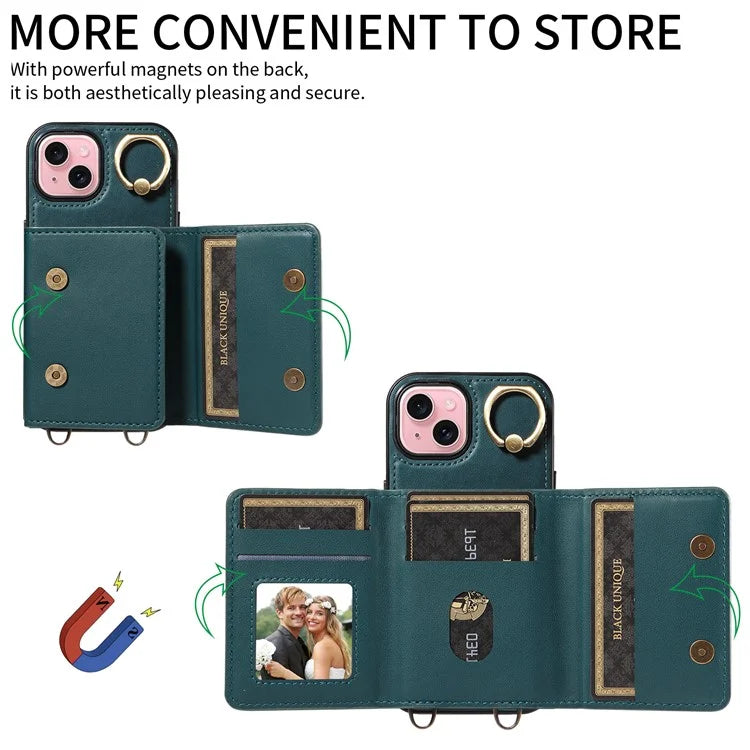 007 For iPhone 15 Case with Card Holder PU Leather+TPU Phone Cover