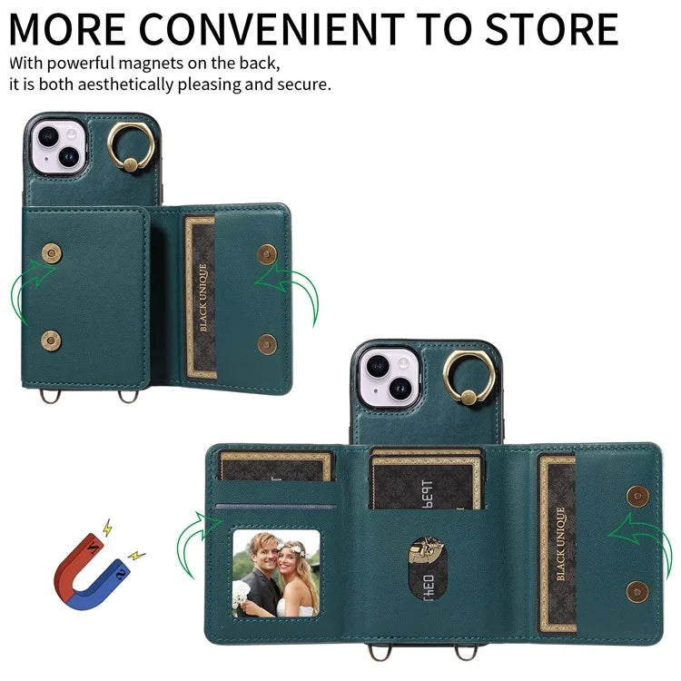 007 For iPhone 15 Plus Crossbody Case PU Leather+TPU Calf Texture Phone Cover