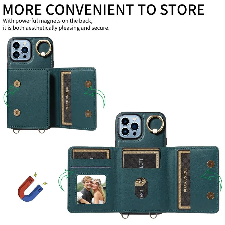 007 For iPhone 13 Pro Max Case Ring Kickstand PU Leather Coated TPU Phone Cover