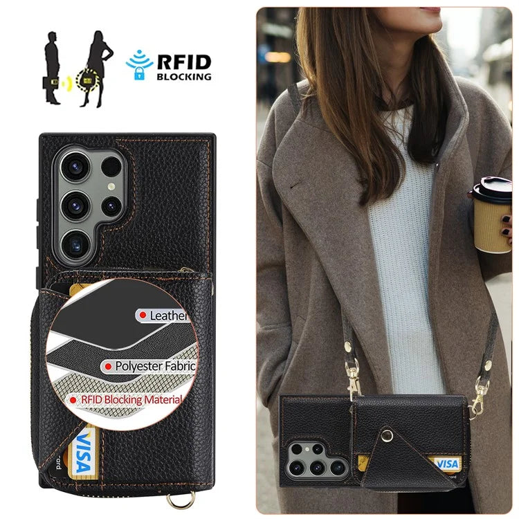 For Samsung Galaxy S24 Ultra Case RFID Blocking Zipper Wallet Back Shell with Crossbody Strap