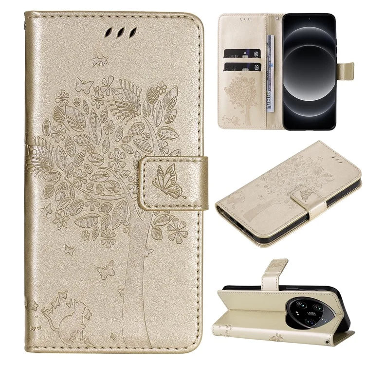 KT Imprinting Flower Series-3 For Xiaomi 14 Ultra Wallet Phone Case Cat Tree Pattern Leather Cover