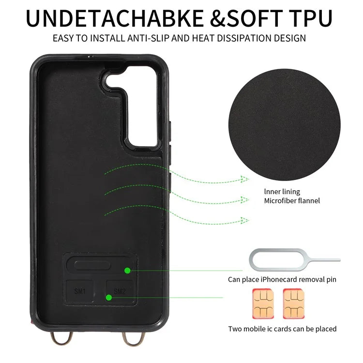 007 For Samsung Galaxy S22 5G Case Ring Kickstand PU Leather Coated TPU Cover with Card Slots
