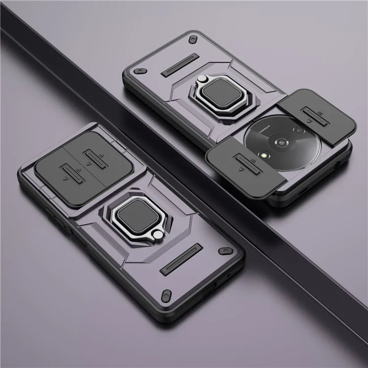 For Xiaomi Redmi A3 Case with Slide Camera Cover Ring Kickstand PC+TPU Phone Shell Protector