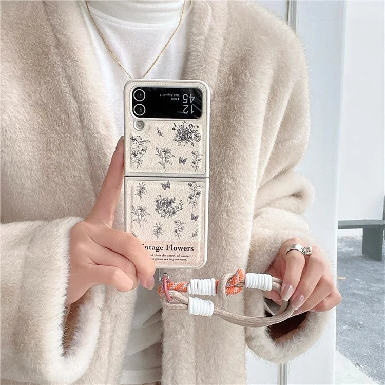 For Samsung Galaxy Z Flip4 5G Case Leather Coated+PC Pattern Printing Phone Cover with Hand Strap