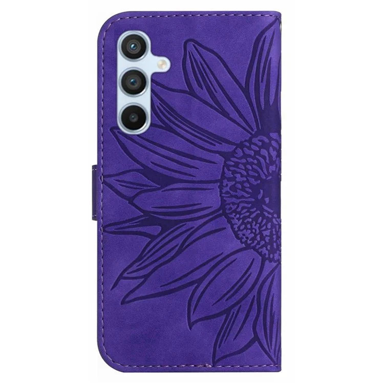 HT04 For Samsung Galaxy M15 5G Case PU Leather Wrist Strap Sunflower Wallet Phone Cover