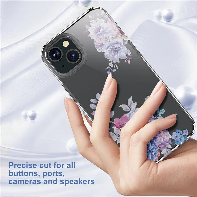 For iPhone 15 Plus Cell Phone Case Transparent Flower Pattern TPU Anti-scratch Cover