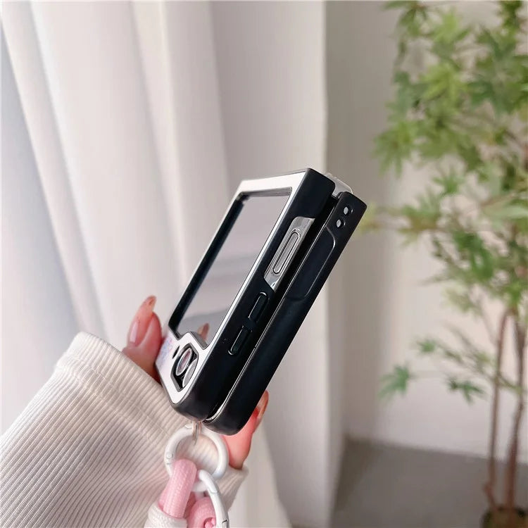 For Samsung Galaxy Z Flip4 5G PC Case Sketch Pattern Folding Phone Cover with Wrist Strap