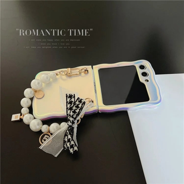 For Samsung Galaxy Z Flip5 5G Case Laser Effect TPU Phone Cover with Pearls Hand Strap