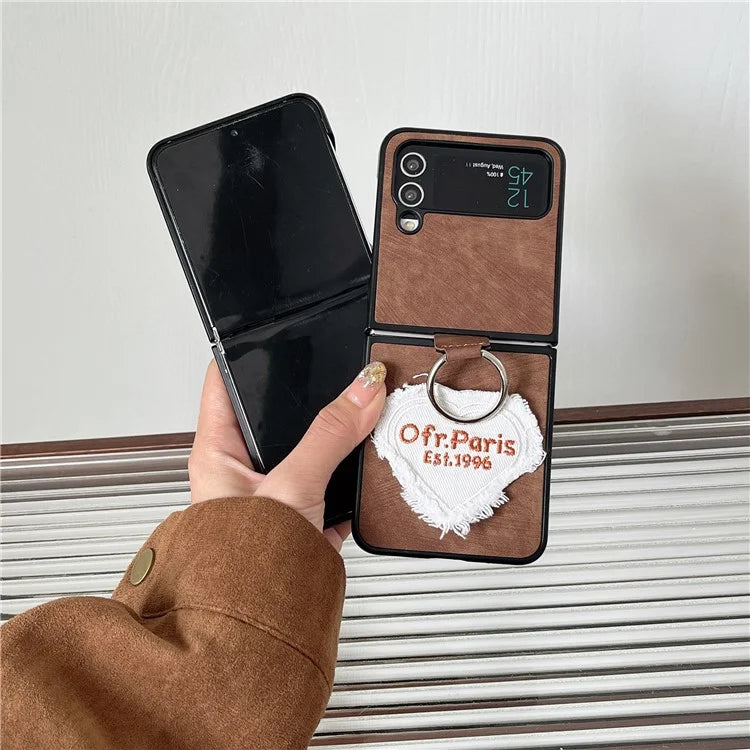 For Samsung Galaxy Z Flip4 5G Case Heart Embroidery Leather Coated PC Cover with Ring Kickstand